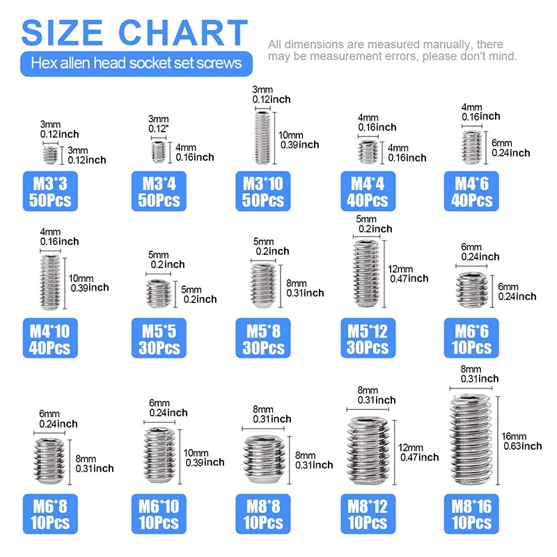 420Pcs M3/M4/M5/M6/M8 Allen Head Socket Set Screw, 304 Stainless Steel Internal Hex Drive Grub Screw Assortment Kit