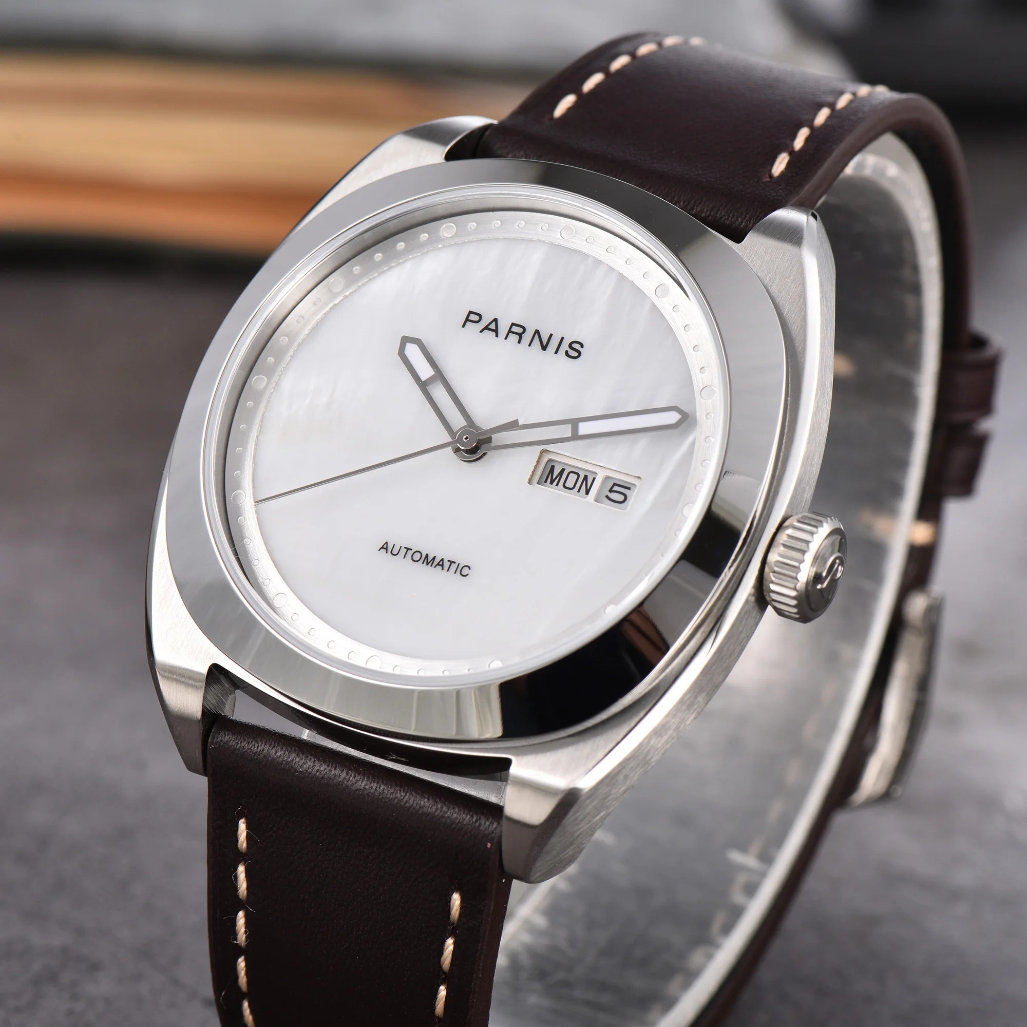 파르니스 42mm 실버 케이스 기계식 오토매틱 남성용 시계 사파이어 크리스탈 가죽 스트랩 남성용 방수 시계 reloj hombre 2025