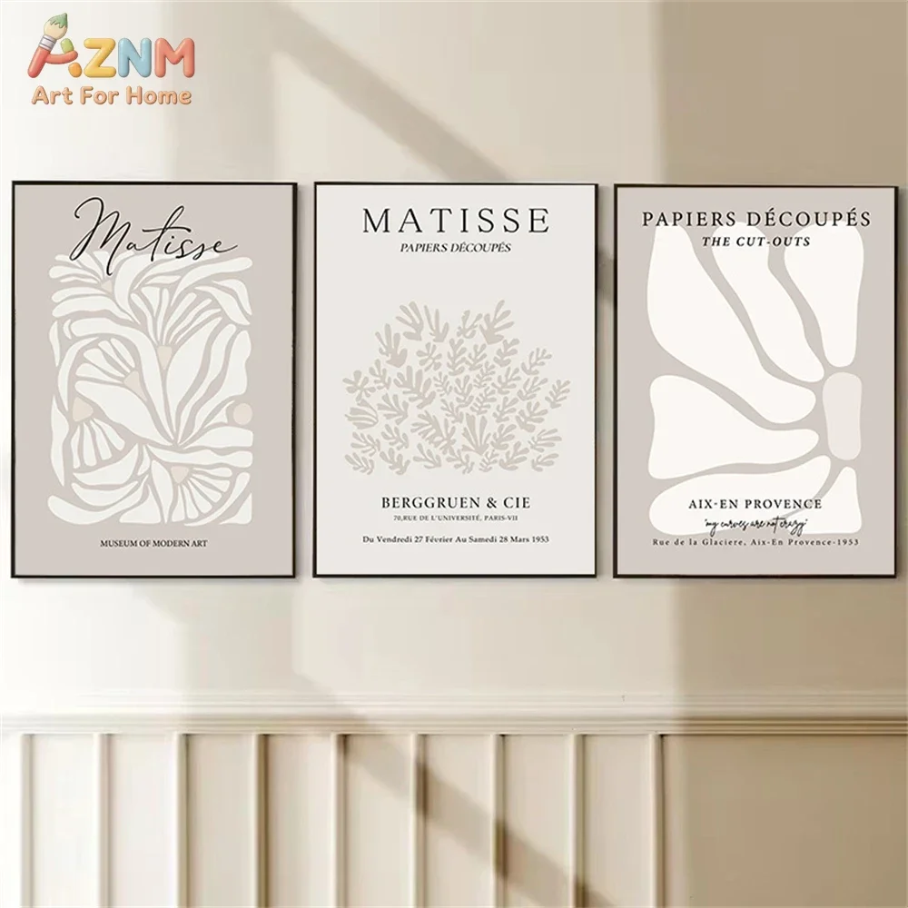 AZNM Matisse Papiers Decoupes Abstract Canvas Wall Art, Neutral Beige Botanical Cut-Outs Print Poster, Unframed Single Piece Min