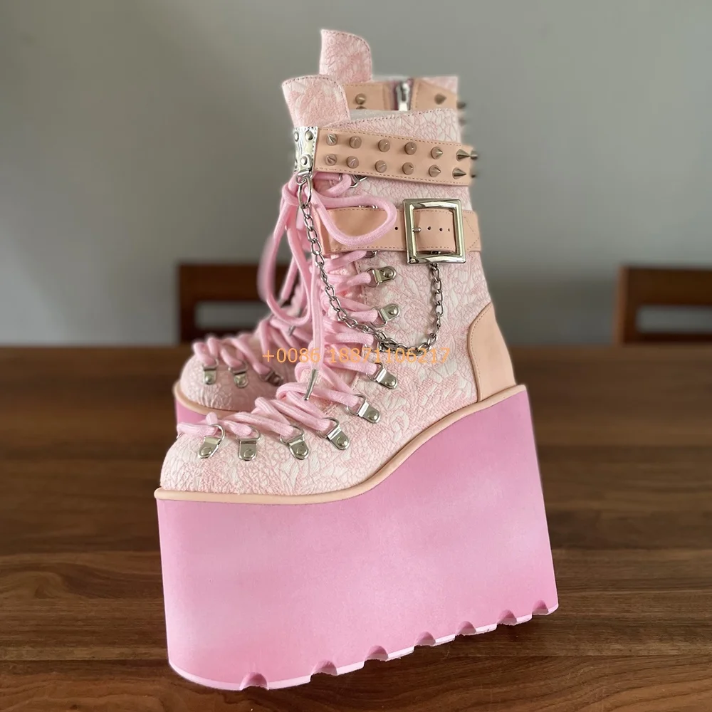Pink Platform Chain Rivet Boots New Cyberpunk Belt Buckle Rock Boots Party Casual Fashion Ladies Sweet 34-47 Size Wedding Shoes