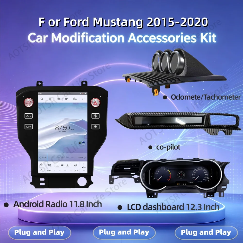 CAR MODIFICATION PARTS For Ford Mustang 2015~2020 Carplay Android Auto Co-pilot Car Stereo Odomete Tachometer LCD Dashboard