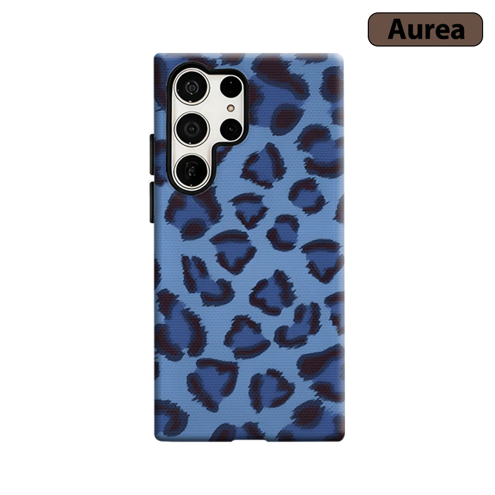 Blue-Tone Leopard Phone Case for Samsung Galaxy S25 Ultra S24 S23 Ultra Plus Shockproof Double Layer Tough Back Cover