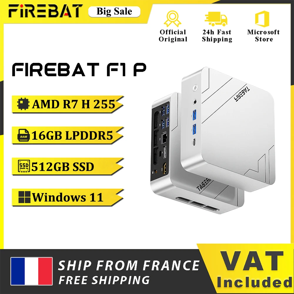 FIREBAT F1 P Mini PC AMD Ryzen 7 H 255 LPDDR5 16GB 512GB SSD Windows 11 AMD Radeon 780M Wi-Fi 6 BT5.2 USB4.0 Micro Desktopcomputer voor kantoor en thuisgebruik