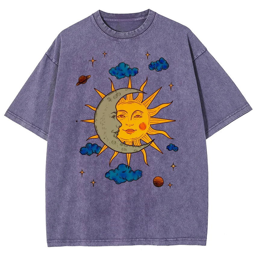 Sun Hugging Moon Print Women's T-Shirt Washed Retro Oversized Short Sleeve American Trend Hip Hop Top Summer Hot Selling Tee