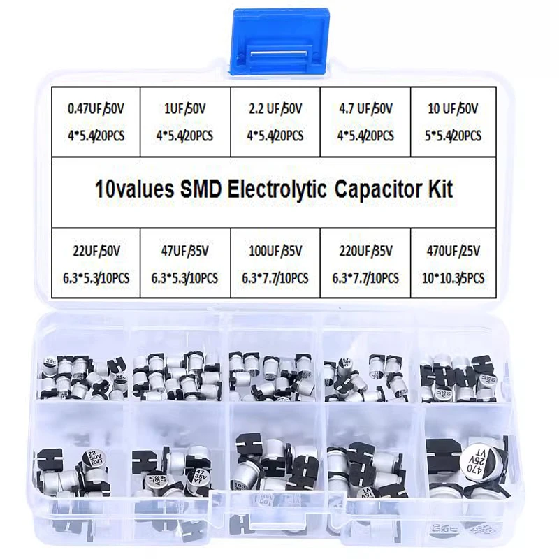 10Values 145Pcs SMD Electrolytic Capacitor Assorted Kit 25V~50V 0.47uF~470uF With Storage Box