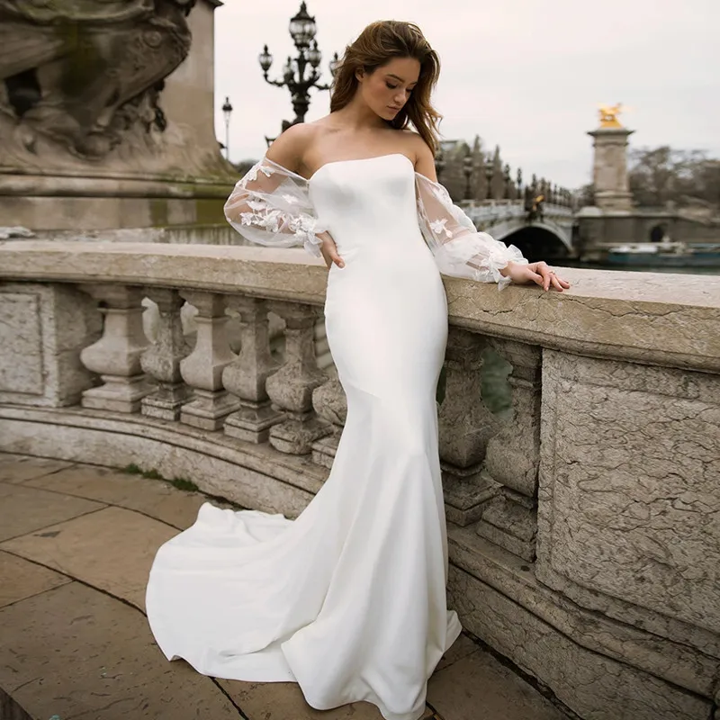 

Simple Mermaid Off Shoulder Wedding Dresses Elegant Lace Long Sleeves Court Train Sexy Strapless Backless Button Gown Customized