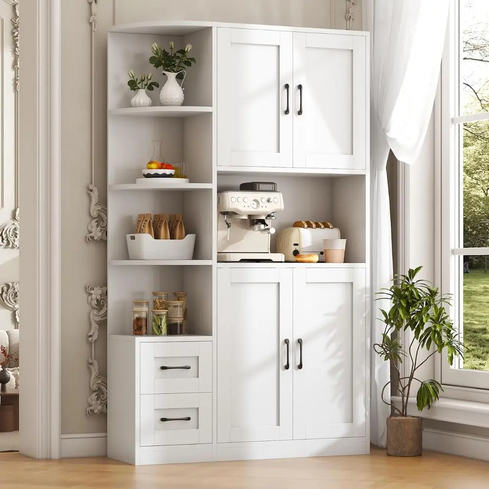 

5-Tier White Kitchen Pantry Cabinet with Microwave Stand and Storage for Living/Dining Rooms