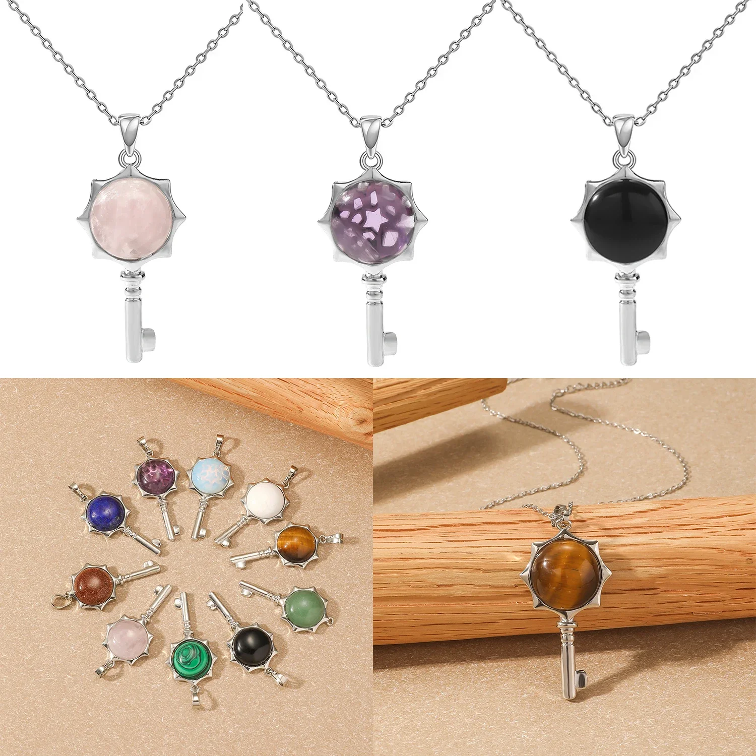 Key Natural Stone Pendant Necklace Amethyst Silver Plated Necklace  Birthstone Jewelry Gift Valentines Day Key Pendant Necklace