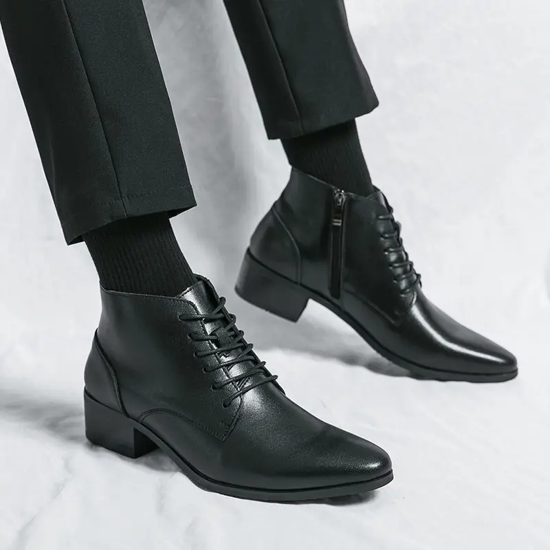 

2025 Leather Pointed Men's Trends British Black Hair Stylist High Top Boots Inner Height Increasing Sneakers Casual Shoes