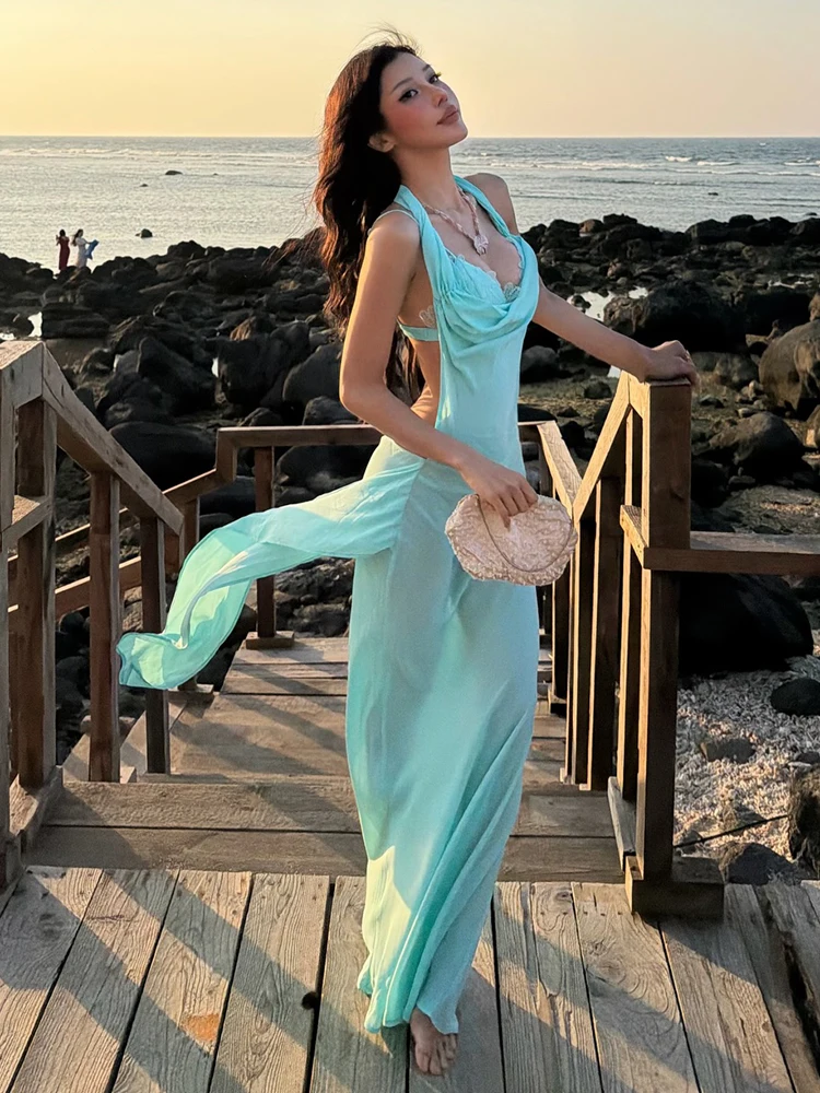 

Whatiwear 2 Piece Set Women Sexy Vacation Halter Backless Ribbon See Through Dress+Bra+Shorts Fashion Chic Beach Party Clubwear