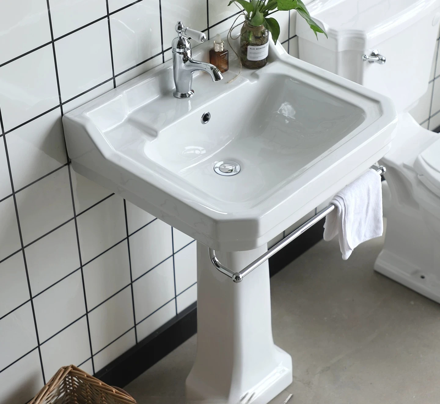 For Ceramic Pedestal Sink, One-Piece Floor Basin for Small Bathroom & Guesthouse