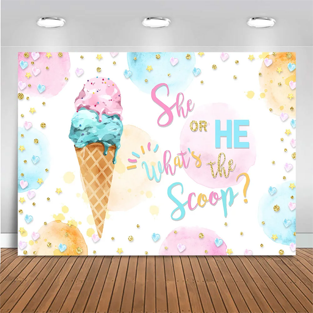 Mocsicka Ice Cream Cone Blue and Pink Gender Reveal Backdrop She or He Baby Shower Background Party Decor Studio Photocall Props