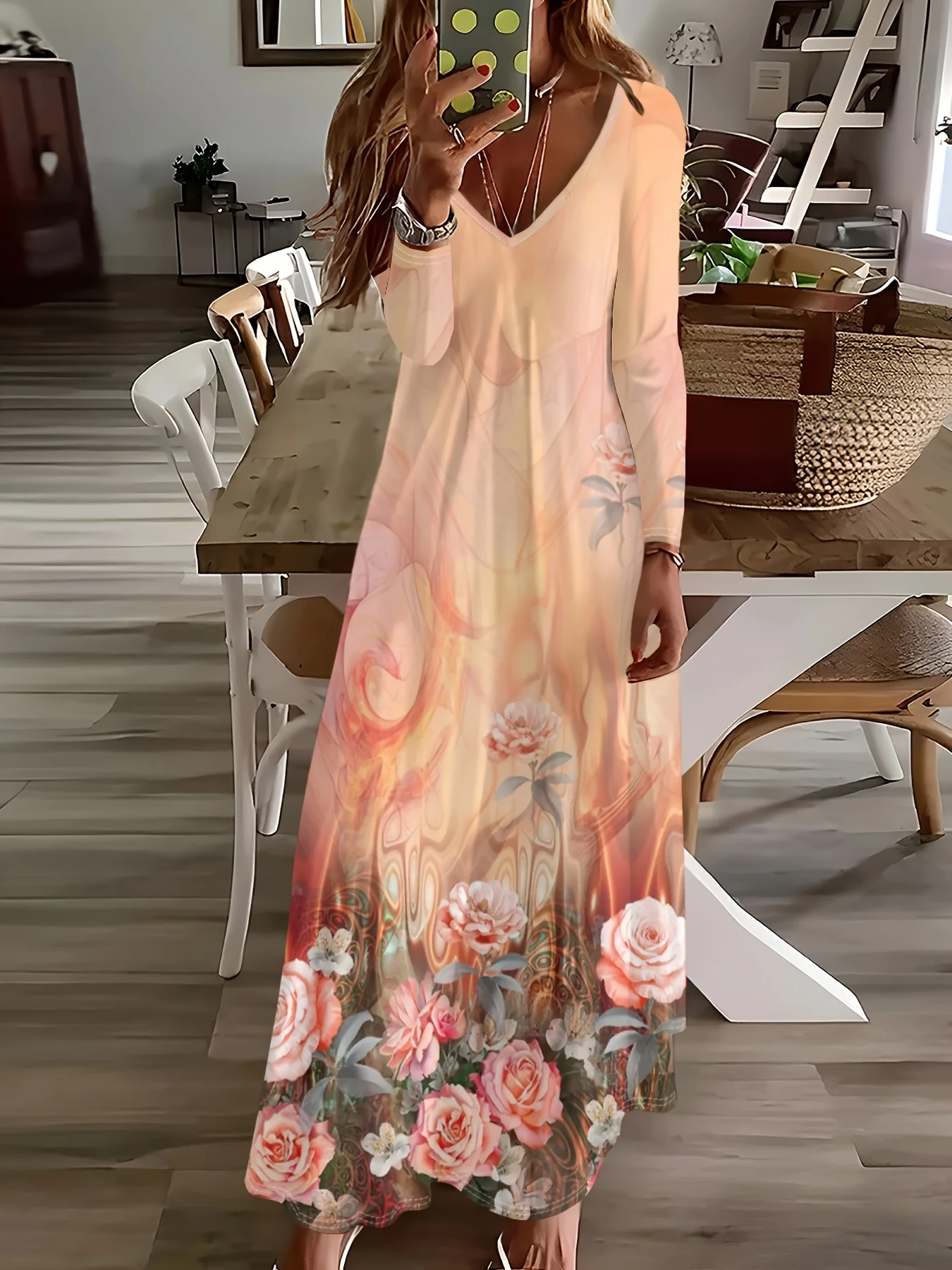 Damenkleid mit langen Ärmeln, V-Ausschnitt und Blumenmuster, Urlaubsstil, Sommer, lässig, A-Linie, Midikleid, Frühling, Herbst, Mode