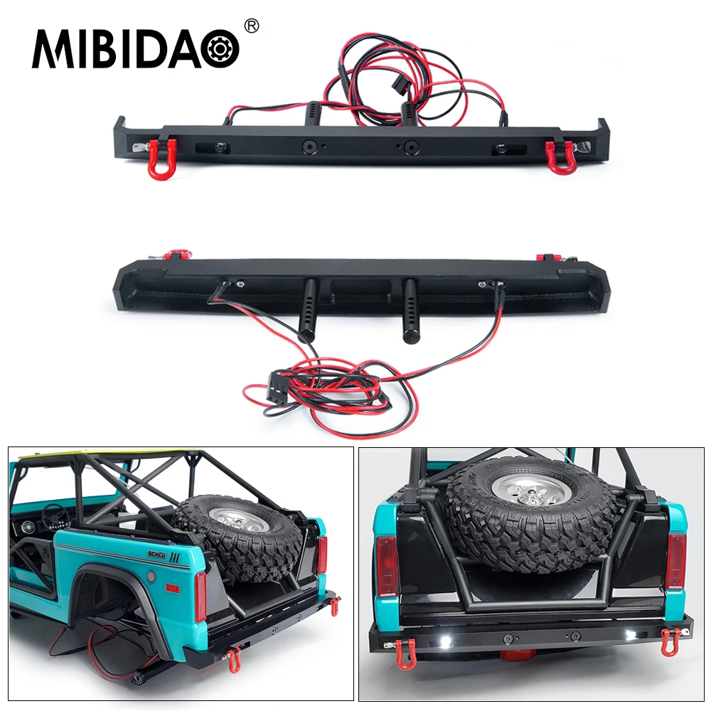 MIBIDAO Metal Alloy Rear Bumper with Tow Hook & LED Light for Axial SCX10 III AXI03014 Early Bronco 1/10 RC Crawler Car Model