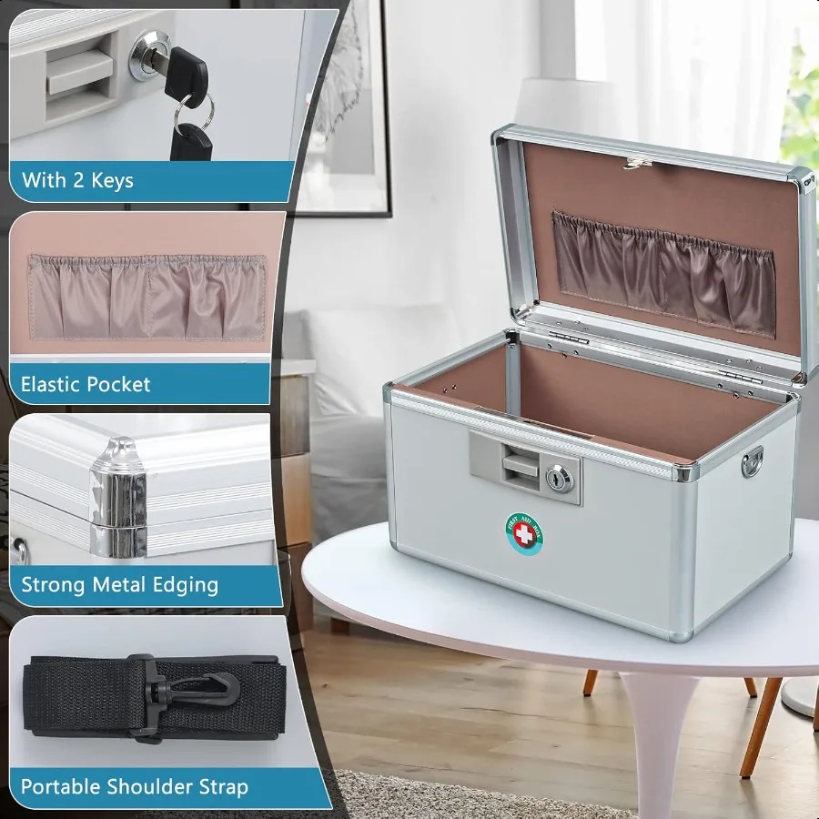 Caja de medicina con llave de bloqueo KYODOLED, caja de seguridad con llave de primeros auxilios con llave de bloqueo, caja de bloqueo de almacenamiento de medicamentos para uso de drogas de 12,2 ''x 7,8''