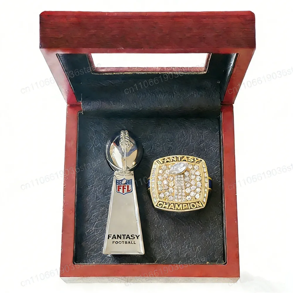 2011-2021 Fantasy Football Championship Ring & Trophy Prize FFL MVP American Football Cup Sports Trophy With Display Wooden Box