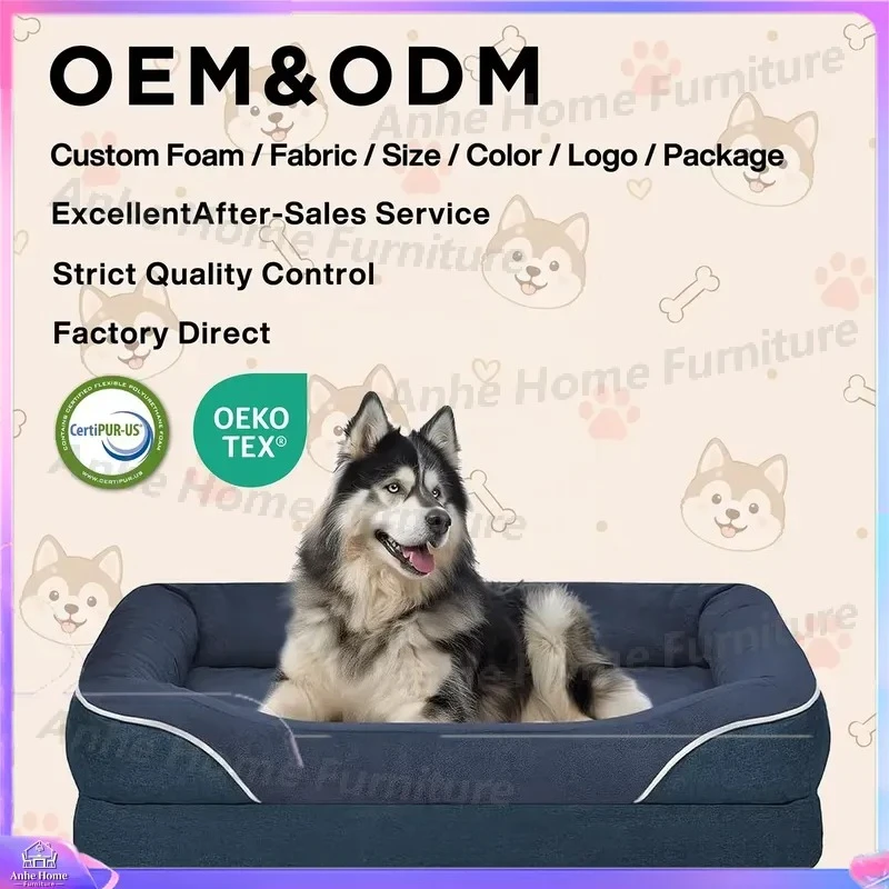 Modern Orthopedic Dog Bed Queen Size Removable Cover Waterproof Flannel Non Slip Base Foam Sleeping Comfort Pet Bed for Large