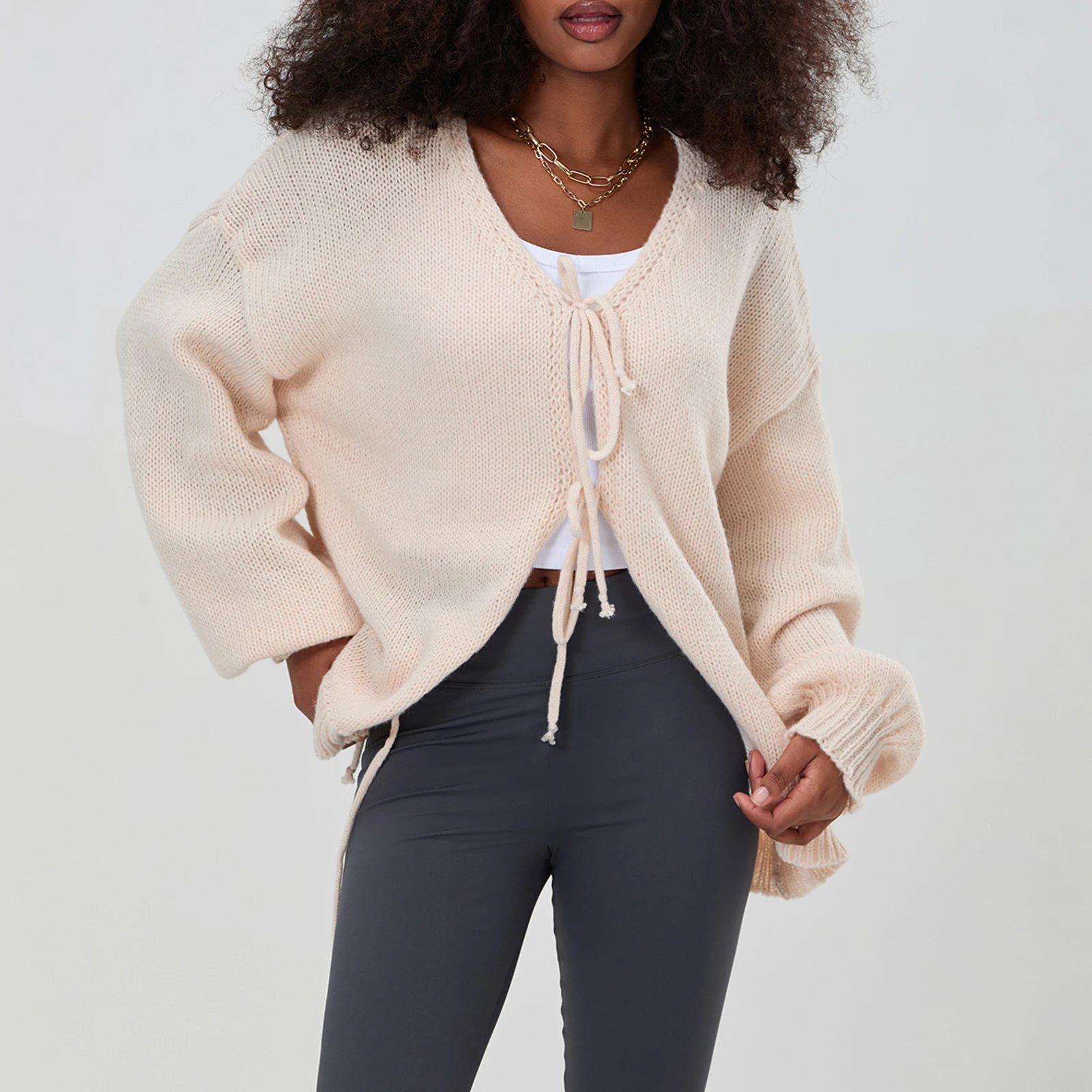 أنيقة السيدات موضة محبوك سترة Y2K البلوز خمر Bowknot التعادل الجبهة بالأزرار الخريف الخامس الرقبة طويلة الأكمام فضفاضة تريكو