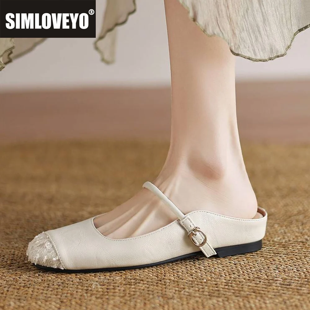 SIMLOVEYO 2026 صنادل النساء الناعمة جولة تو منتصف الكعب 3.5 سنتيمتر الانزلاق على البغال حزام مشبك بلينغ الأحذية اليومية حجم كبير 41 42 43 32