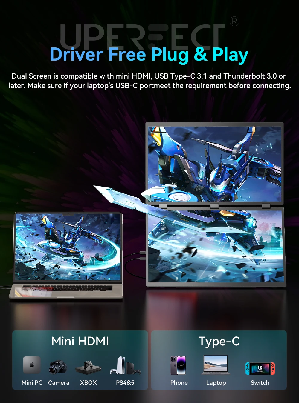UPERFECT 18" FHD 100Hz Portátil Dual Monitor 100% sRGB HDR 16:9 Viagem Foldable Ajustável PC Gaming Display para Laptop Travel Screen Extender para Windows Mac com Type-C HDMI VESA