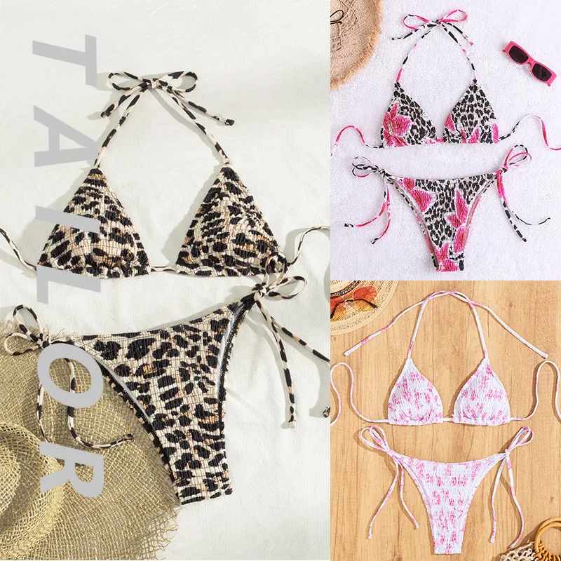

Bikini print wins leopard print triangle cup sexy split bikini swimsuit women 2025 new