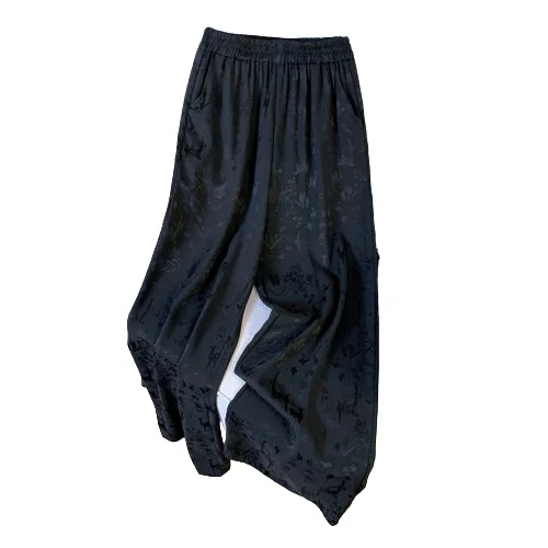 Novo chinês sle bordado acetato calças de perna larga mulheres verão cintura alta solta drapey emagrecimento casual em linha reta calças compridas