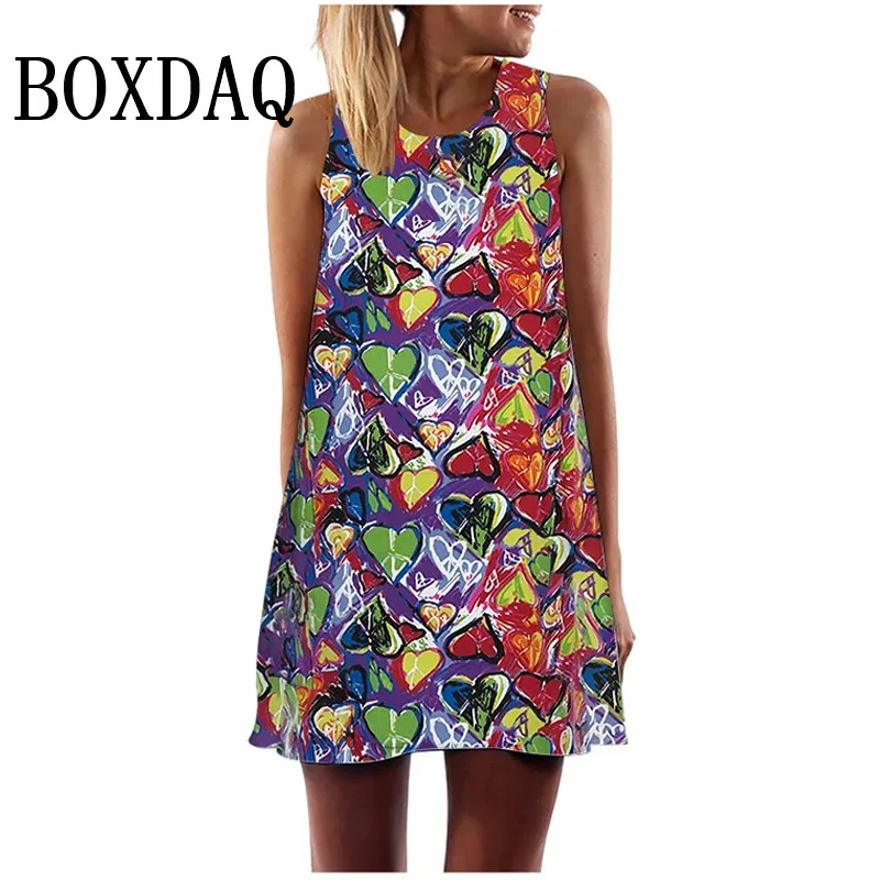 Mini vestido estampado com coração de amor feminino, túnica de verão, Hip Hop, vestido de praia, solto com o pescoço, vestido sem mangas linha A