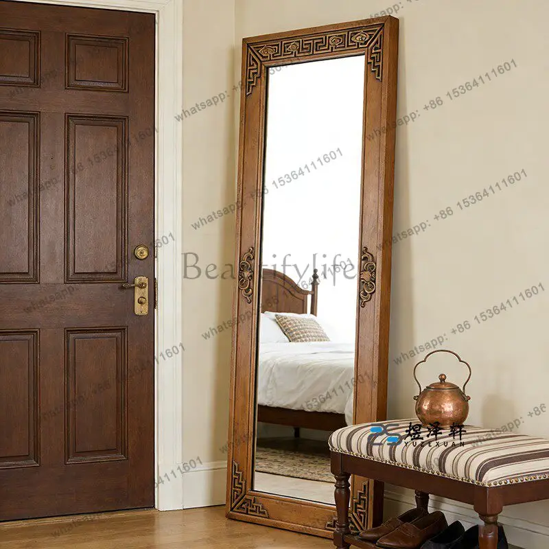 Wabi-sabi style retro dressing mirror wall mounted carved medieval rectangular full-length mirror