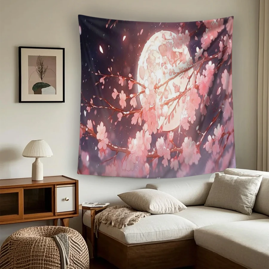 1PC Pink Cherry Blossom Art Print Backdrop Banner, Bedroom Living Room Photo Background, Polyester, Home Decor, Wall Art