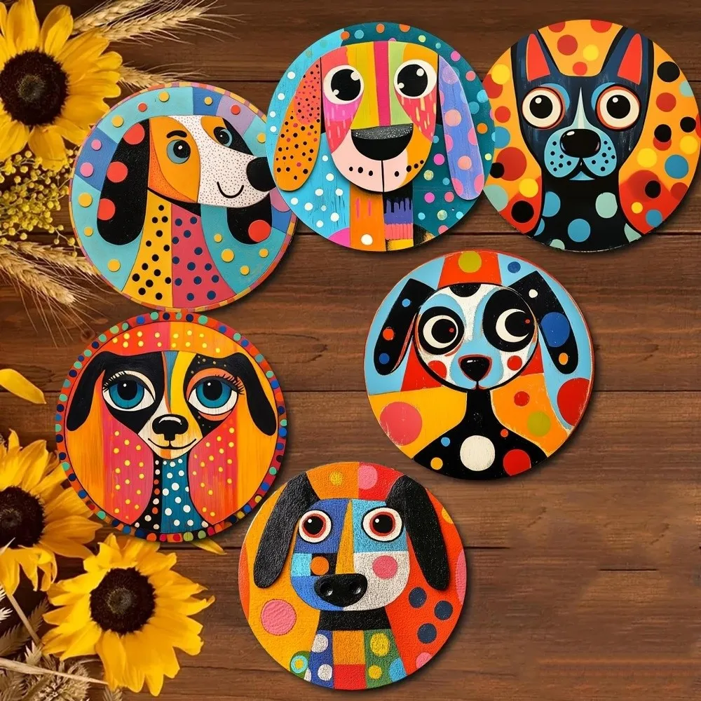 6pcs Stylish Heat-Resistant Wooden Coasters Non Slip Fish 2D Flat Mat Flower Cat Dog Drink Coaster Holiday Parties 4