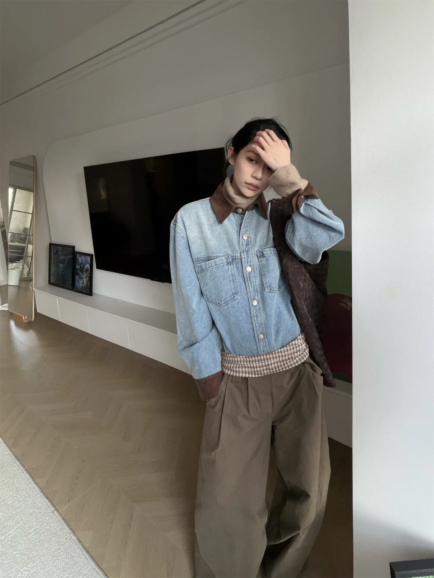 

Retro Waed Denim irt Loose Corduroy Collar Patchwork Top Y2NG Women's Faion ort Outerwear Vintage Sle Long Sve