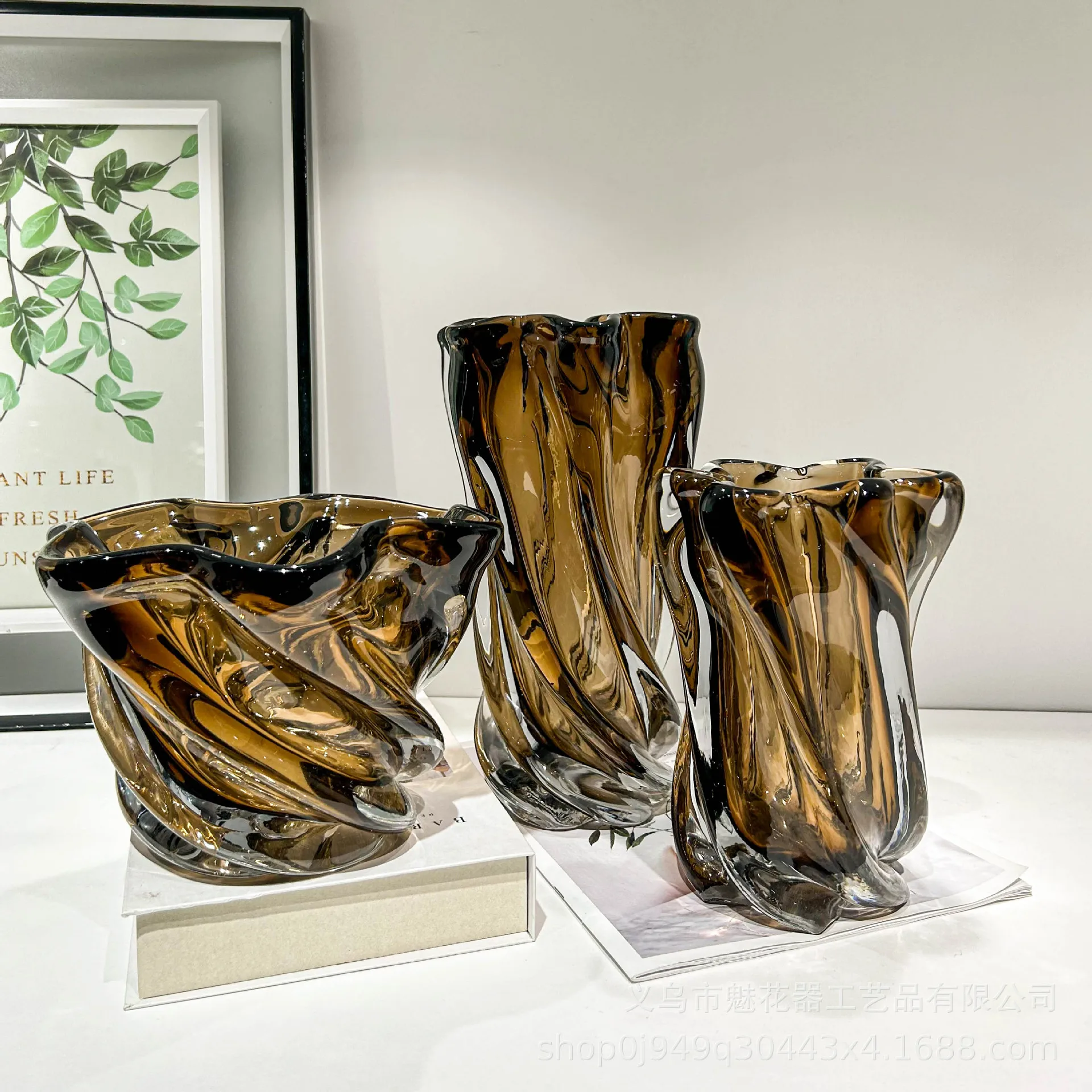 Light luxury modern coffee color glazed vase home creative spiral ornament model room flower arrangement advanced decoration