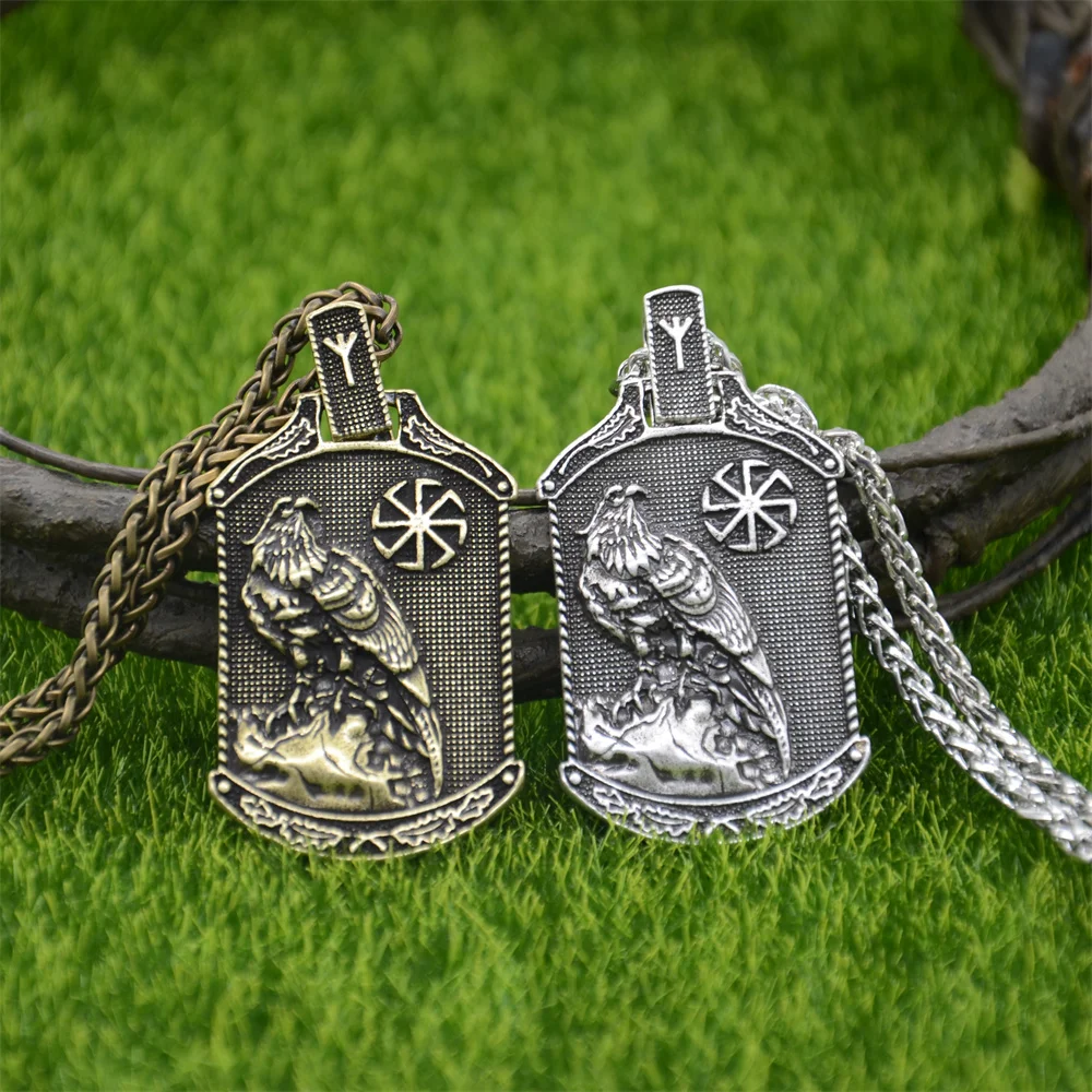 Eagle Pendant Slavic Kolovrat Amulet Jewelry Viking Runes Algiz Clasp Vintage Necklace Men Talisman