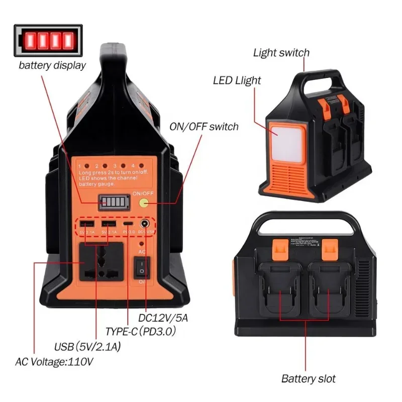 Inverter a doppia onda sinusoidale 300 w4 per batteria Makita /Milwaukee 18v a AC 110V/220V USB PD3.0 convertitore Power Bank Tpye-C con luce