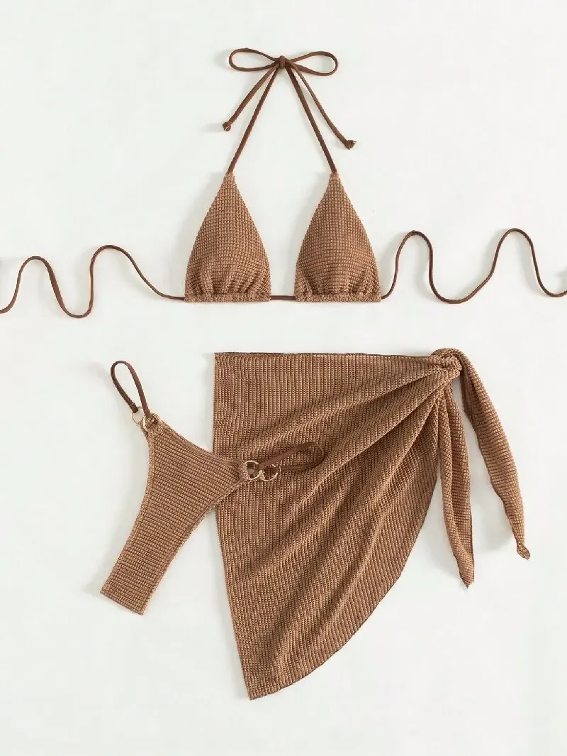 Sexy Brown Bikini Set 2024 Women Halter Push Up Bra Skirt 3 Piece Swimsuit Summer Bathing Suit Cover Up Thong Swimwear Biquini