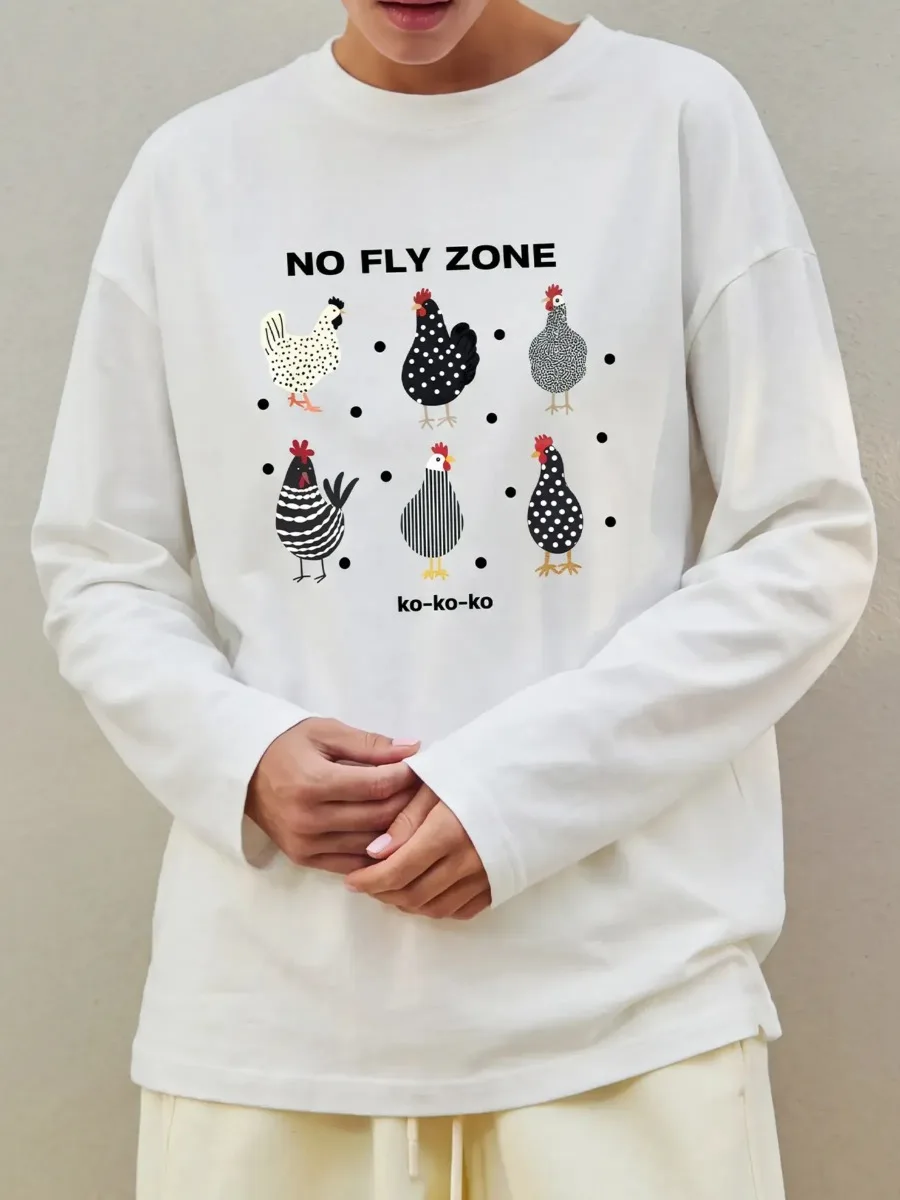 2026 Spring Autumn New Women Soft Cotton Long Sleeve Funny Rooster Graphic Print T Shirt O Neck Loose Casual Daily Fashion Top