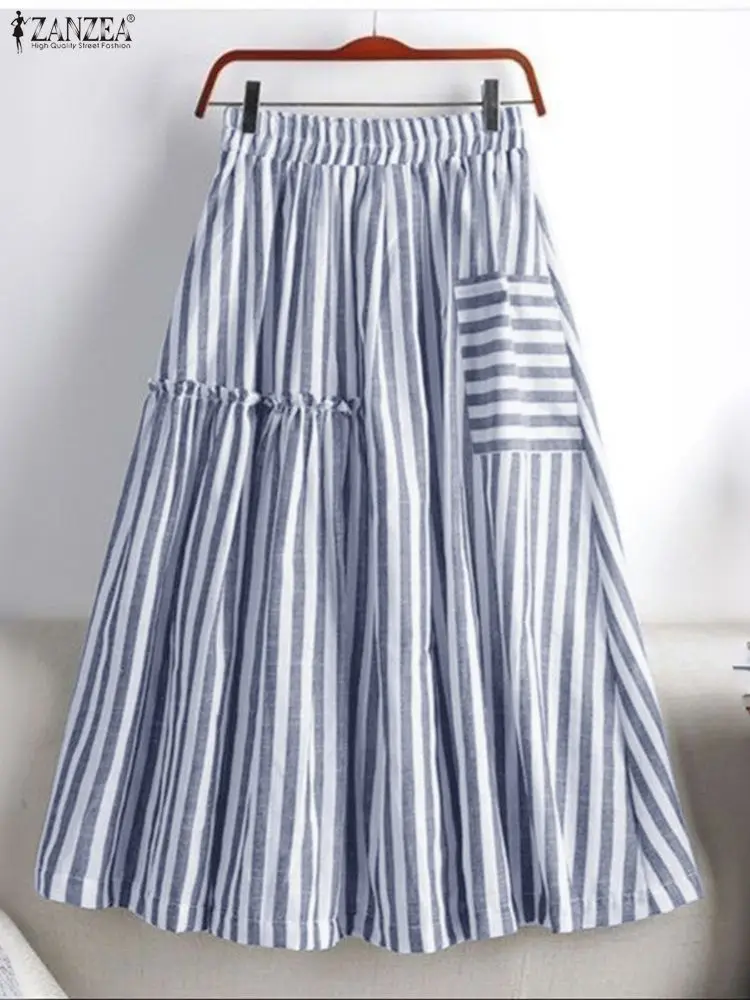 ZANZEA Fashion Women High Waist Office Stripe Skirts Autumn Jupes Elegant A-line OL Work Faldas Saia Stylish Pleated Midi Skirt