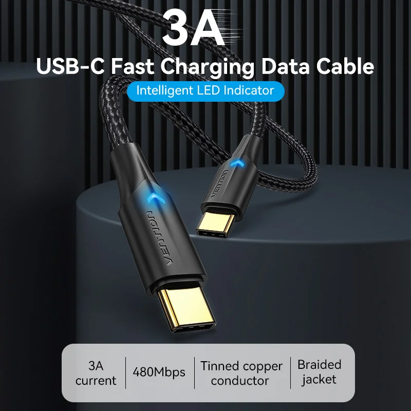 Vention PD 60W USB Type C Led Fast Charger Cable 3A E-Marker Chip Data cord Type C Braided Wire for iPhone 16 15 MacBook Samsung