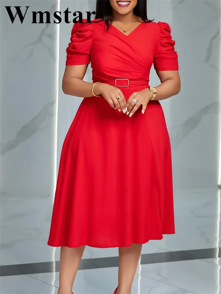 Wmstar Women Dress High Quality Summer Elegant Solid Color V Neck Short Sleeve High Waist Casual Loose Pleated Dresses Vestidos