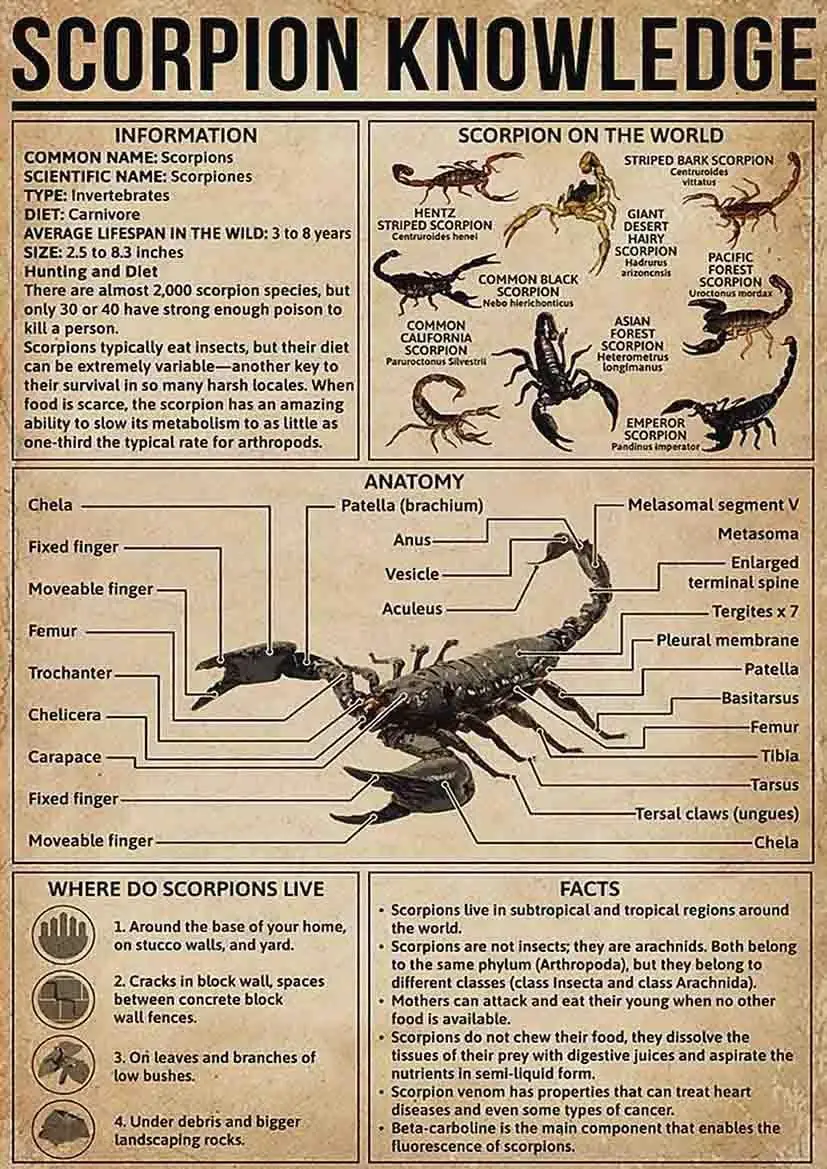 Plaques en métal Scorpion Knowledge, Affiches vintage d'infographie de référence sur les Scorpions, Plaque éducative pour la petite enfance, Décoration murale pour la maison et le bureau