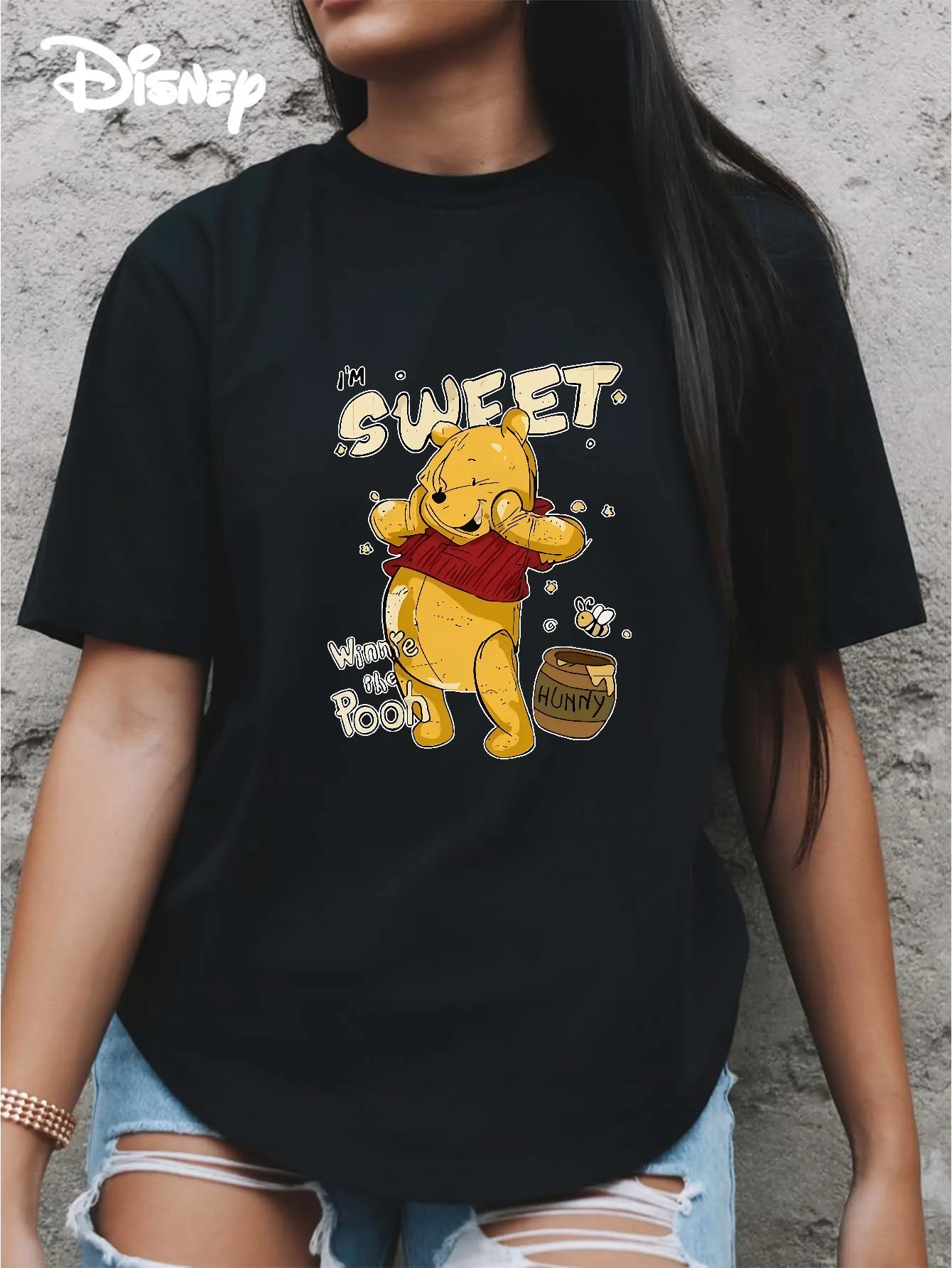 

Женская футболка с рисунком Винни-Пух Диснея, винтажная хлопковая футболка с короткими рукавами, уличная одежда унисекс, свободная повседневная стильная одежда большого размера