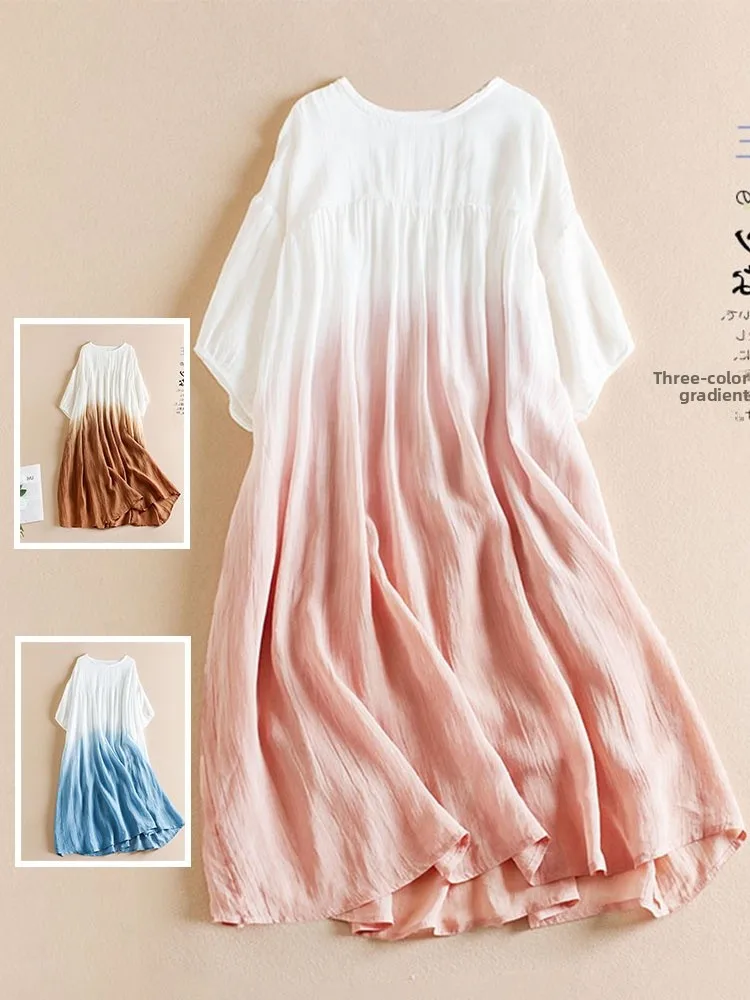 

Artistic plus Size Women's adient Color Flax Five-Quarter Sve Dr Summer round Ne Belly Covering Slimming Midi Dr