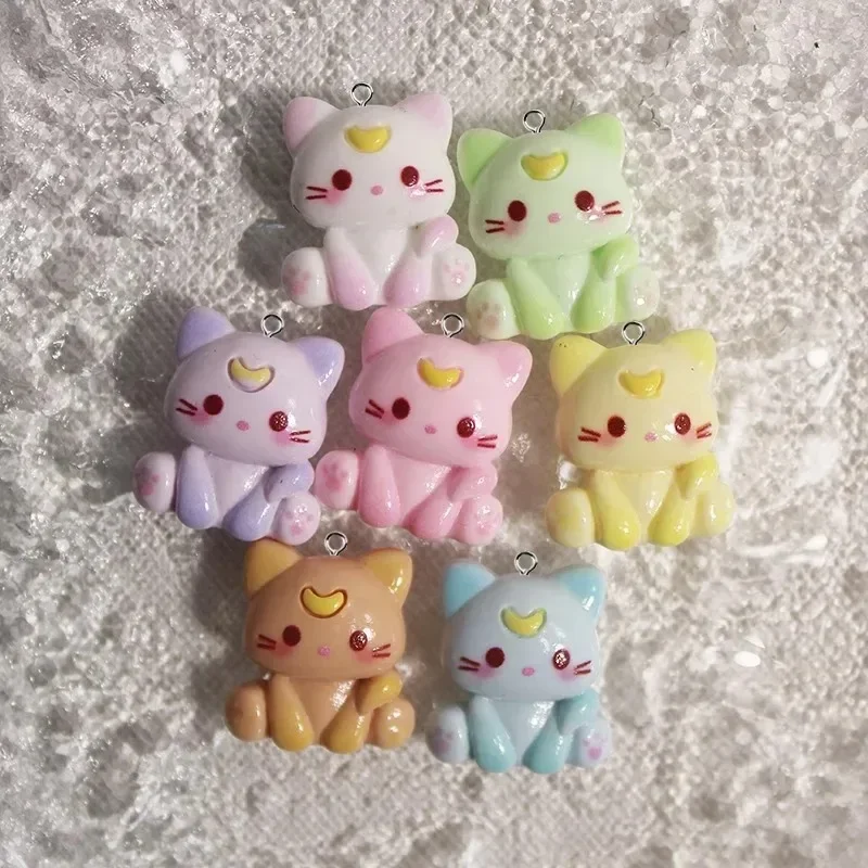 10Pcs Kawaii Mixed Style Moon Cat Resin Pendants, Cartoon Lovely Kitten Charms, Handcraft Findings for Earring Necklace