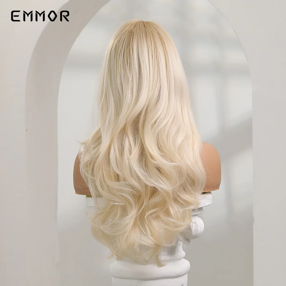 Emmor Synthetic Ombre Blonde Platinum Wigs Long Wavy Wig for Women with Bangs Party Daily Heat Resistant Fibre Hair Wigs