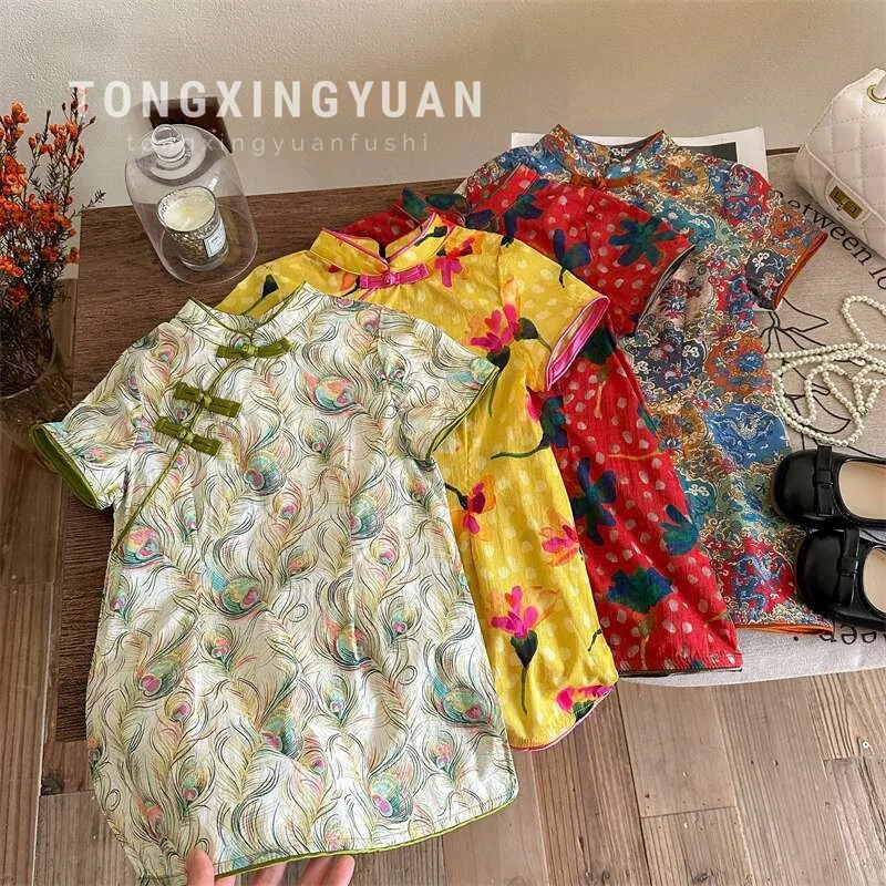 

Girls' Thin Floral Short Sleeve Cheongsam Dress Summer Vintage Chinese Style Cheongsam Dress for Girls