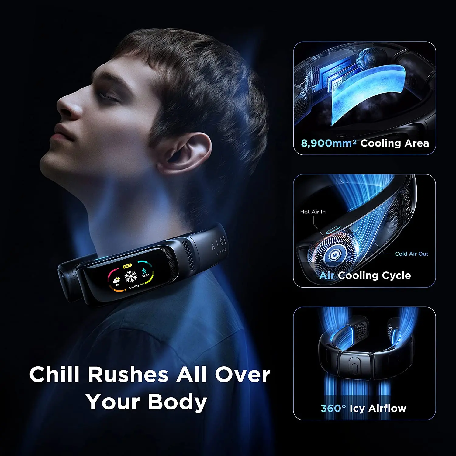 Pendurado Pescoço Ventilador AI Temp Controle 7000mAh Portátil Ar Condicionado Recarregável Wearable Bladesess Air Cooler Para Viagens Ao Ar Livre