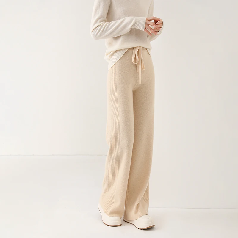 Women Wide Leg Pants 100% Merino Wool Knitting Pant Autumn Winter Solid Color Soft Warm Trousers for female YP01