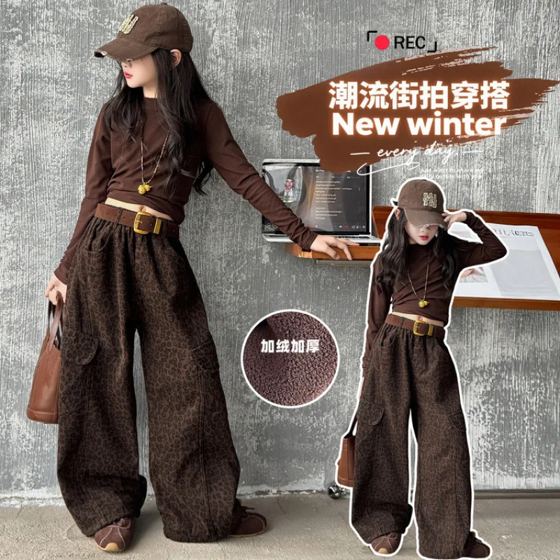 

Роскошные американские детские свободные прямые брюки с леопардовым карманом, весенне-осенние уличные брюки-карго с леопардовым принтом для девочек и поясом