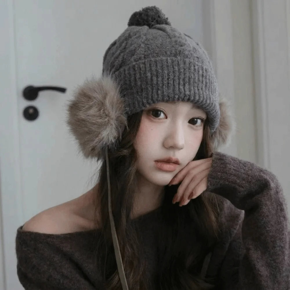 Knitted Trapper Hat Ear Protection Warm Pompom Beanie with Earflap Large Head Circumference Faux Fur Ear Flaps Cable Wool Cap