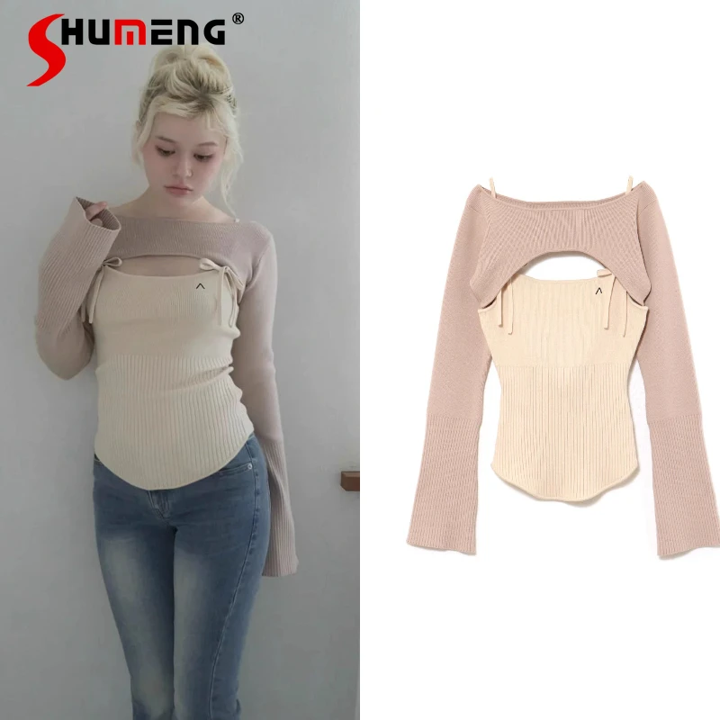 

New Japanese Style Slim Fit Long Sleeve Knitted Sweater Top And Camisole Two-Piece Set Knitwear Solid Color Slim Fit Slings Suit